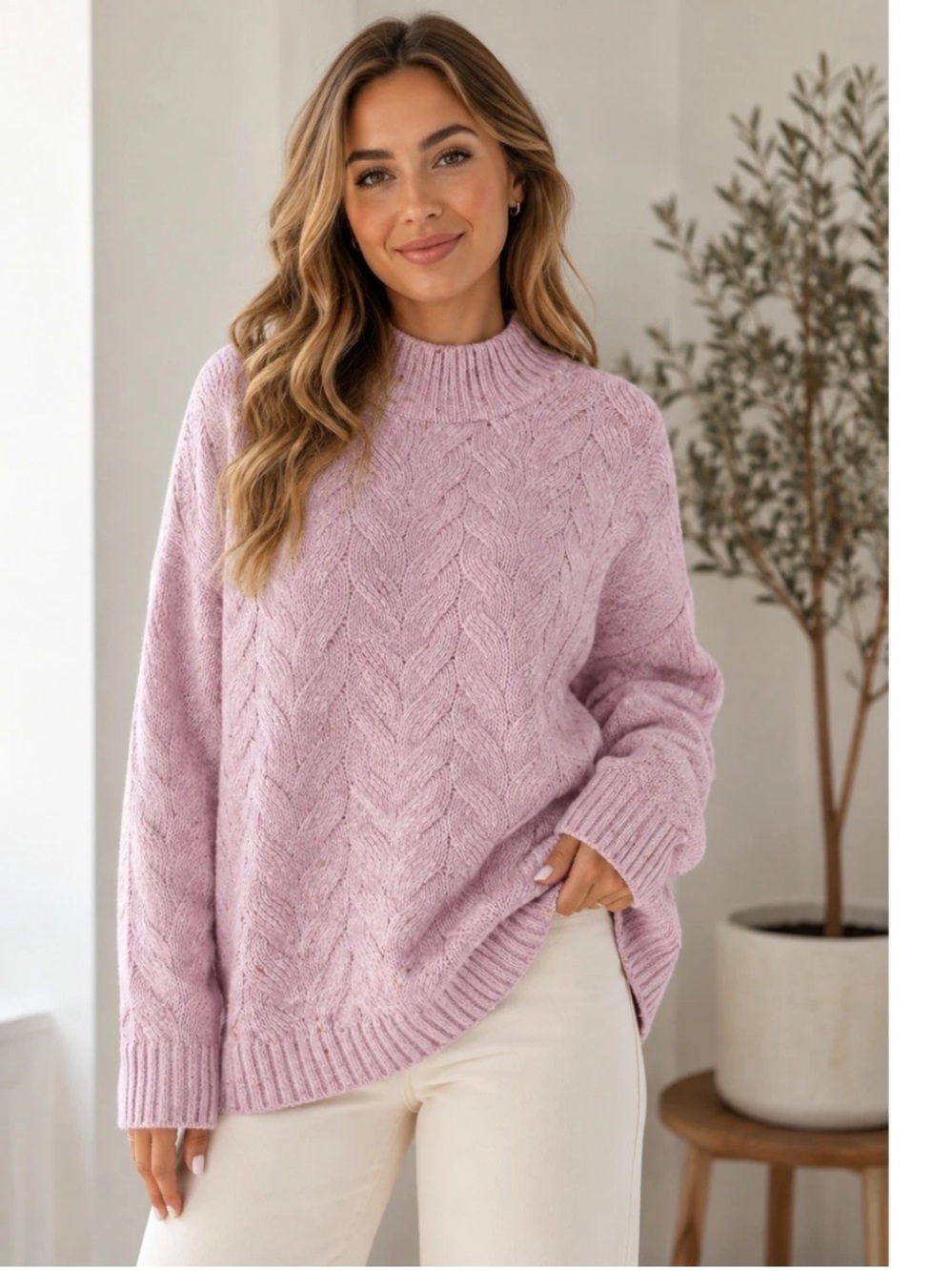 Joie Josie Pink Cable Knit Mock Neck Wool Blend Sweater XL